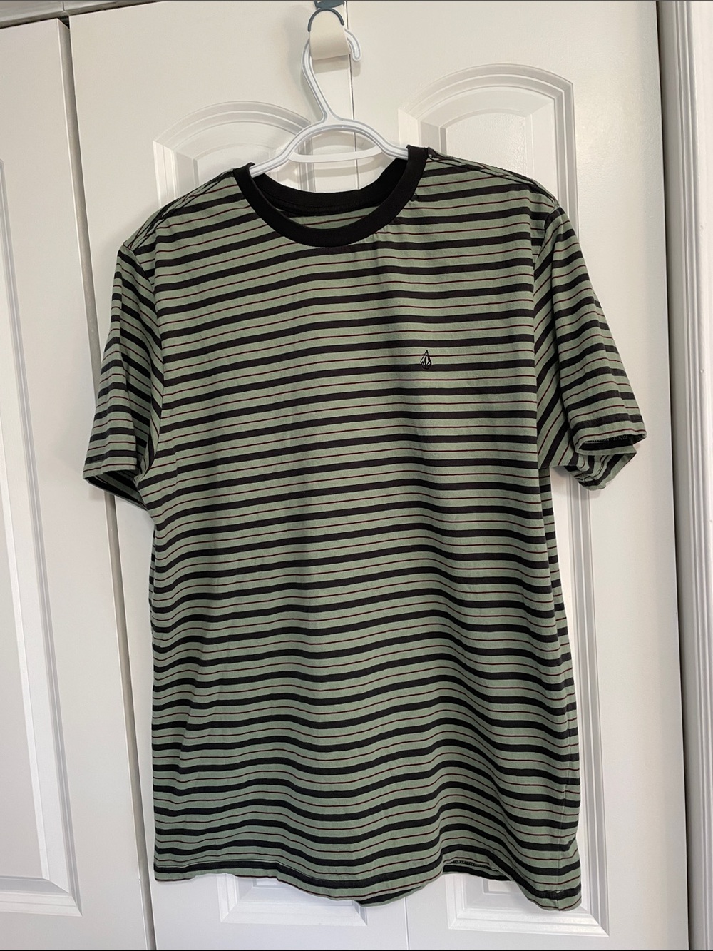 Volcom Olive Green & Black Striped Crew Neck Tee